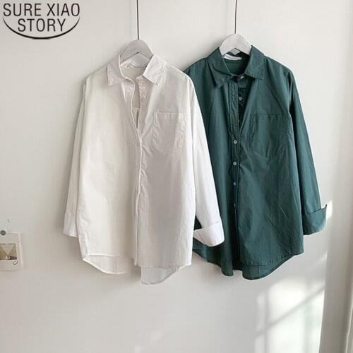 Fashion Single-breasted Women Blouse Autumn Cotton Casual Loose Shirt Women Pocket Top Long Sleeve Solid White Shirt Woman 16309