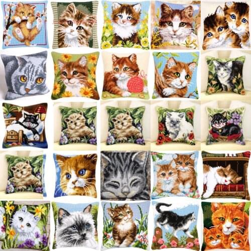 Cat 01 DIY Needlework Kit Acrylic Yarn Embroidery Pillow Tapestry Canvas Cushion Front Cross Stitch Pillowcase