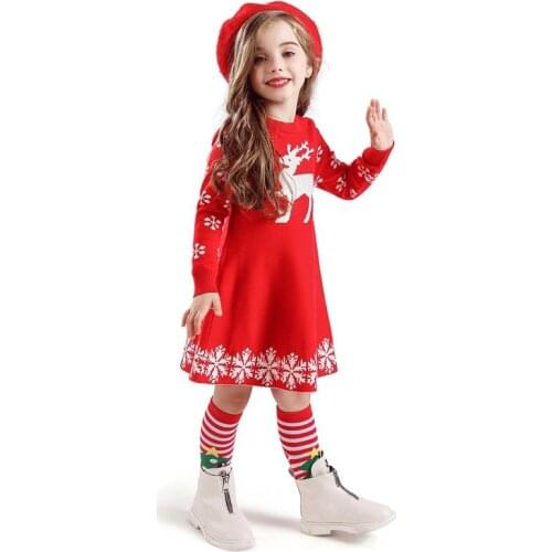 Girls New Year Party Clothing Christmas Dress Cartoon Long Sleeve Reindeer Princess Costume Snowflake Print Kids Dresses
