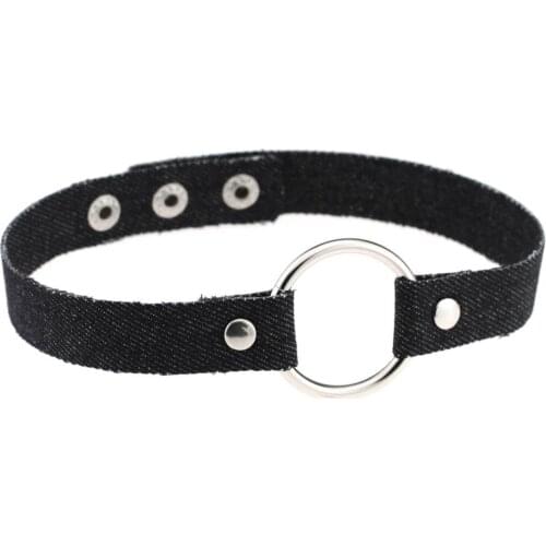 Simple Hippie Wide Dark Navy Blue Black Denim Jeans Hollow Silvery Round Charm Adjustable Pendant Choker Necklace For Women