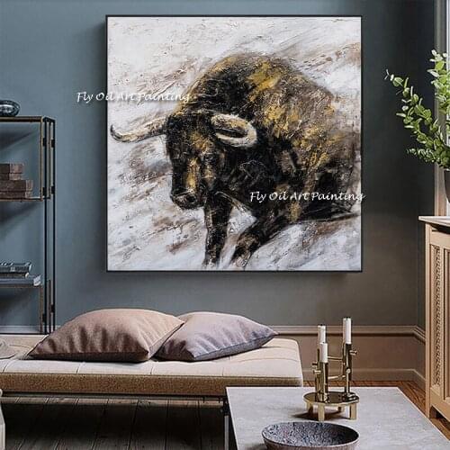 Hand-painted Abstract Animal Black and White Bull Acrylic Painting Abstract Strong Animal Bull Acrylic Knife Painting