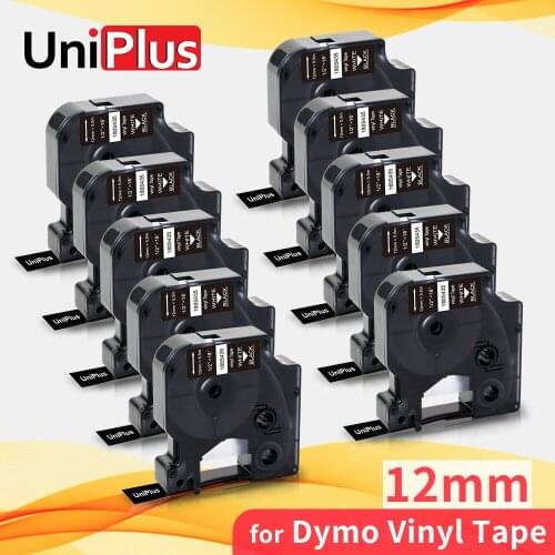 UniPlus 10PK 12mm*5.5m Vinyl Industrial Tape Replacement Dymo Label Tape 1805435 White on Black for Dymo Rhino 4200 5200 6000
