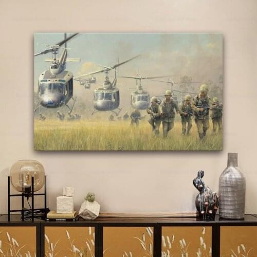 War soldiers landing Bell Vietnam cavalry helicopters UH 1 living room decoration home art decor wood frame fabric poster