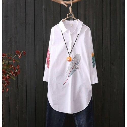 Women 2020 New Summer Feather Embroidered Flower Solid Blouses Lady Turn Down Collar Cotton Tops Female Loose Casual Shirt Z422