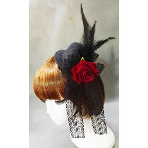Vintage Halloween Lady Mini Top Hat Black With Red/Blue Rose Feathers Fancy Dress Lolita Hats Handmade