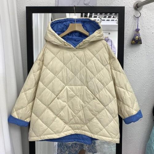 Women Beige Puffer Jacket Winter Parkas Mid-length Hooded White Duck Down Coat Loose Casual Long Sleeve Lightweight Down Jacket