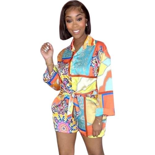 2 Pieces Set Sexy Summer Autumn Fashion Women Set 2021 Female Tops Floral Print Long Sleeve Shirt And Elastic Waist Shorts