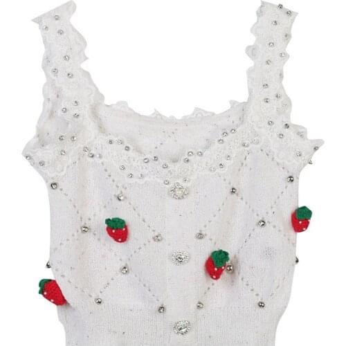 Hollow Crochet Strawberry Beaded Slim Thin Knitted Vest Korean Sexy White Luxury Top Sleeveless 2021 Summer Women New