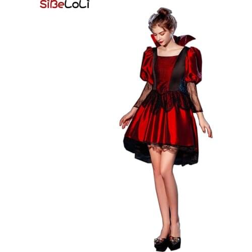 Womens Court Dress Halloween Gothic Steampunk Role-playing Short Stand Collar Dress Masquerade Witch Victorian Dress