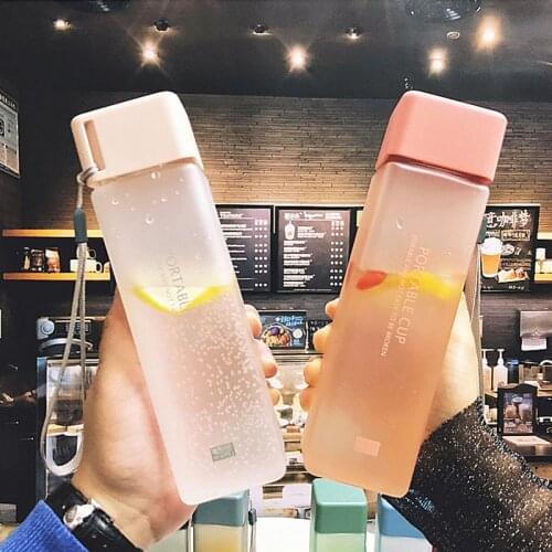 1Pc 450ml Transparent Square Plastic Matte Water Cup Outdoor Cold Juice Water Sports Water Bottle with Portable Milk Rope Cup