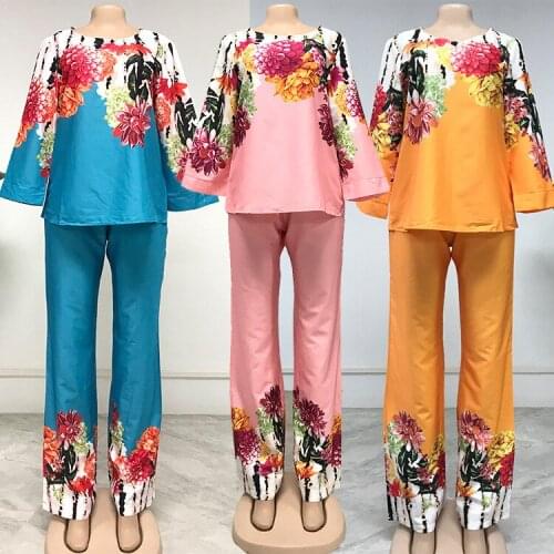 African Clothes for Women Summer Sexy African Women Printing Polyester Two Pieces Sets Top and Long Pant African Clothing