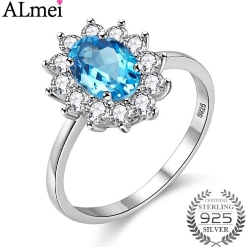 Almei Blue Topaz Diana Wedding Ring for Bridal Female Genuine 925 Sterling Silver Flower Costume Jewelry with Box 10% CJ013