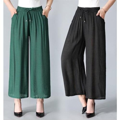 New Summer Women Large Size 6XL 7XL Cotton Ankle-Length Pants Casual Loose Wide Leg Pants Solid Pocket Straight Pants