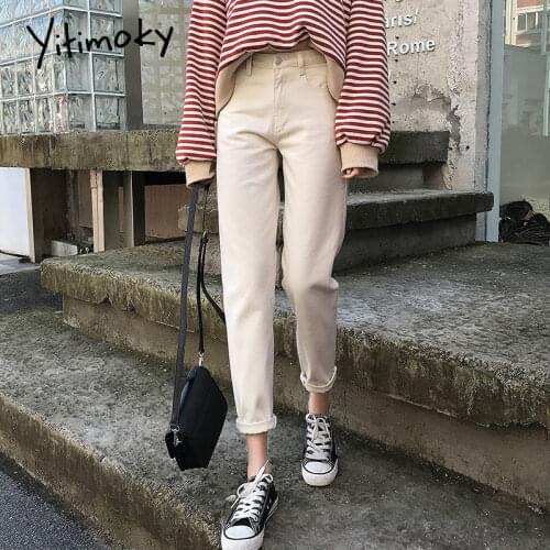 Mom Jeans Women High Waist Plus Size Black White Beige Cotton Boyfriend Jeans For Women Washed Harem Denim Pants 2020 Fashion