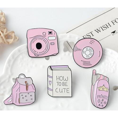 Daily Supplies Lapel Pin Pink cute Enamel Brooch Mobile phone Book Camera Backpack Badge Girl favorite Jewelry women Accessories