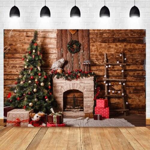 Photo Backdrop Winter Christmas Tree Interior Fireplace Gifts Wooden Wall Ladder Party Kids Child Photography Background Props