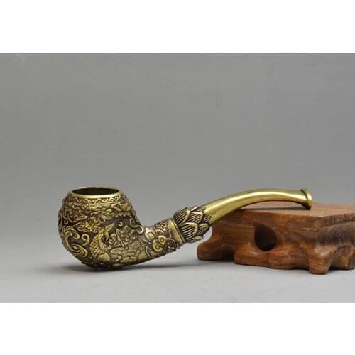 Exquisite Chinese Vintage Handmade Brass Fish lotus Tobacco Pipe Mens Pipe