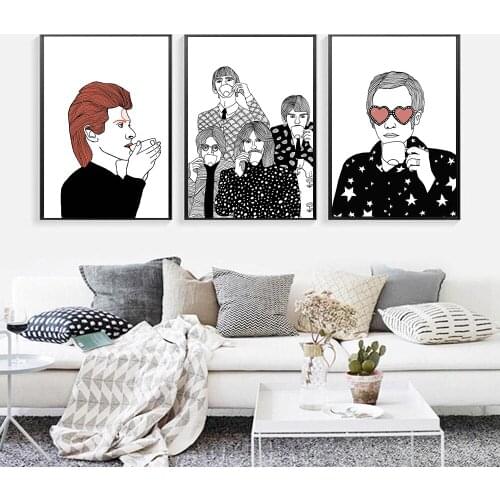 Canvas Painting Black and White Music Art Posters and Prints Music Lover Gifts Band Drinking Tea Wall Art Picture Home Decor