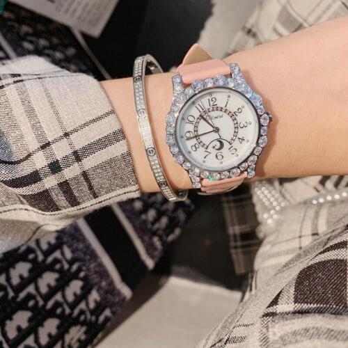 Sweet Pink Watches for Women Sparkly Zircons Jewelry Watch Quartz Waterproof Genuine Leather Strap Wrist watch Moon Stars Clocks