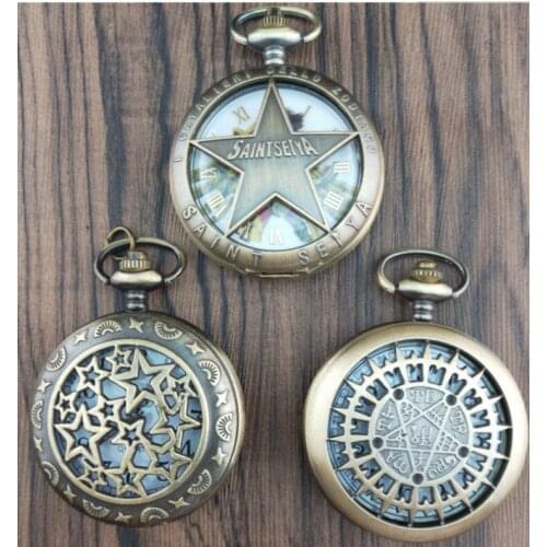 Saint Seiya Fashion Clock Five-pointed Star Compass Dial Quartz Pocket Watch Analog Pendant Necklace Chain Gifts for Boy Girl