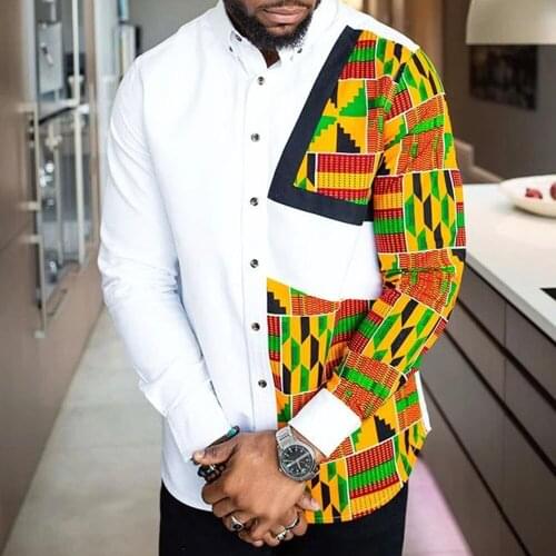 Mens Fashion Irregular Print Splicing Shirt African Gentleman Top Casual Slim Dashiki Mid-length Long Sleeve Tops 2021 New