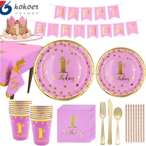 First Happy Birthday Disposable Tableware Set Pink Plate Straws Napkins Cup for Baby Shower 1 Year Old Birthday Party Decor