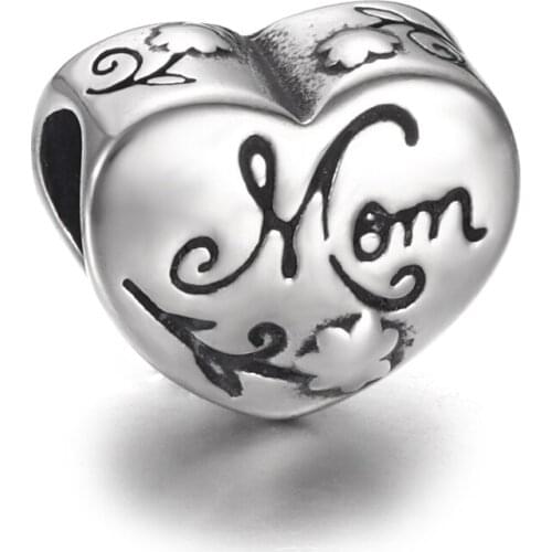 Stainless Steel Heart Mom Bead Polished 5mm Hole Metal European Beads Bracelet Charms for DIY Jewelry Making Accessories