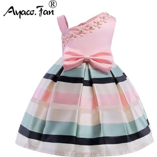 One-Shoulder Striped Full Dress 2019 Spring Summer New Pearl Floral Party Dresses for Girls Kids Children Bow Princess Dress