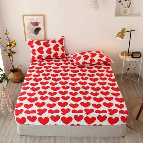 Red Hearts Printed Bed Cover Tatami Mattress Protector Cover With Elastic 3pcs/set Girls Bed Fitted Sheet with Pillowcases