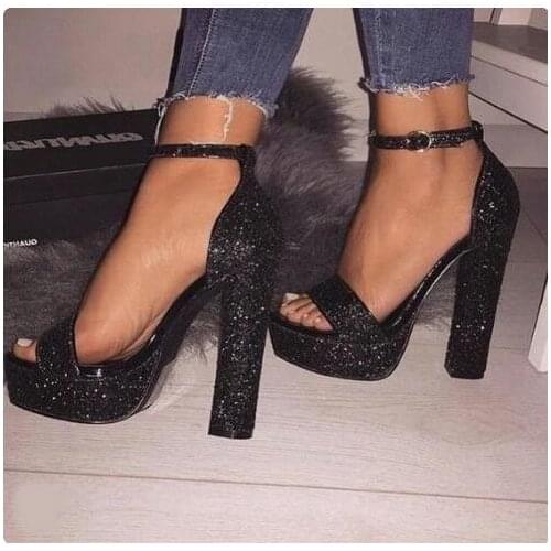 Carpaton Black Glitter Embellished High Heel Sandals Sexy Open Toe Platform Thick Heels Shoes Ankle Strap Party Heels