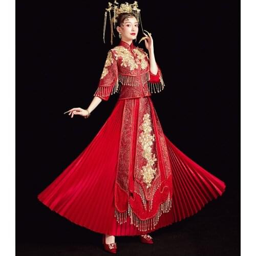 Traditional Golden Embroidery Classic Oriental Style Wedding Dress Stylish Clothes Cheongsam China Qipao китайская одежда