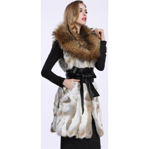Real genuine natural rabbit fur vest with big raccoon fur collar women long jacket gilet custom any size 90CM length