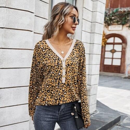 Women Autumn Long Sleeve Leopard Printed Sexy V-Neck Button Up Pullover Tops Contrast Color Casual Loose Blouse Streetwear