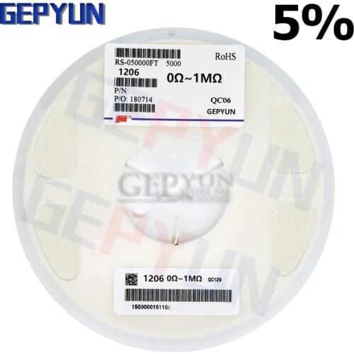 1Reel (5000PCS) 1206 Resistor SMD 5% 0 ohm ~ 10M ohm 1K 2.2K 10K 100K 1 10 100 150 220 330 ohm Gepyun resistance