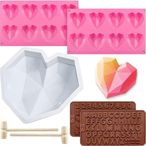 1 Set Heart Shape Silicone Mold 8 Cavities Love Round Half Ball Molds Number Letter Mould with Mini Hammers Cake Decorating Tool