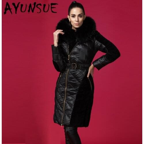 AYUNSUE Brand Womens Winter Down Jacket Female Luxury Natural Raccoon Fur Hooded Duck Down Coat Thick Warm Parkas Woman N6656