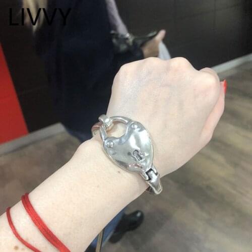 LIVVY Silver Color Heart-Shape Lock Bracelet Fashion Vintage Handmade Exquisite Unique Party Jewelry Gifts