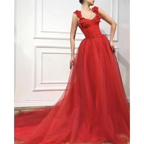 Long Tulle 3D Flowers Prom Dresses Long Spaghetti Straps Court Train Formal Evening Party Ball Gown Robe De Soiree