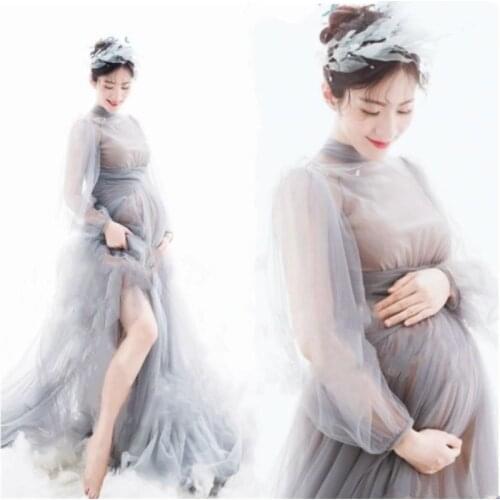 Long Maternity Photography Props Pregnancy Dresses Sexy Long Sleeve Tulle Perspective Pregnancy Dress For Photo Shoot Maxi Gown
