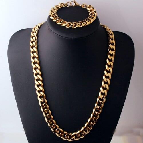 Top Quality Gold Tone Jewelry Set 15mm Wide Heavy Men Curb Cuban Link Chain 316L Stainless Steel Necklace&Bracelet
