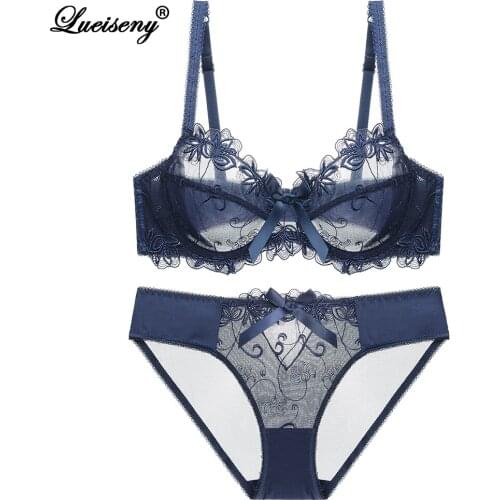 LUEISENY Fashion Embroidery Bras Underwear Women Set Plus Size Lingerie Set Sexy Ultrathin Transparent Bra Panties Lace Bra Set