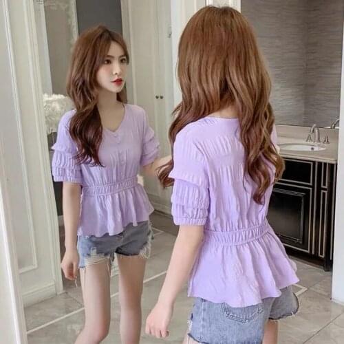 Summer Women Blouse 2021 New Fashion V-neck Pleated Chiffon Shirt Top Ruffle Spliced Short Sleeve Blouse Shirts Ropa De Mujer