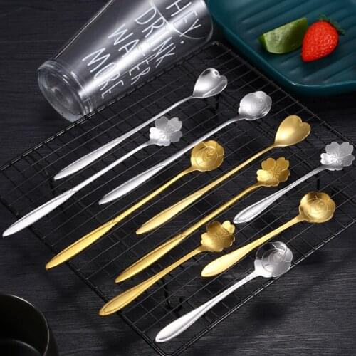 Stainless steel cherry blossom spoon creative love petals long handle stirring coffee spoon rose dessert spoon fruit ice spoon