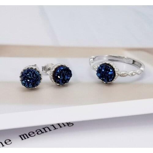 2020 925 Sterling Silver Round Blue Agate Crystal 3-pieces Set Pendant Necklace Stud Earrings Wedding Rings Jewelry Set