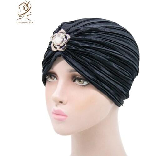New Style Ladies Pleated Headscarf Hat Golden Diamond Accessories Imitation Silk Hat European And American Popular Sleeping Cap