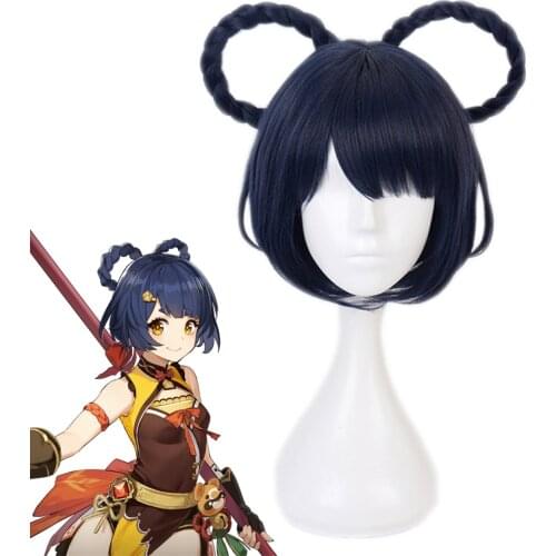 Game Genshin Impact Xiangling Dark Blue Short Wig Braid Cosplay Costume Heat Resistant Synthetic Hair Xiang Ling Women Wigs