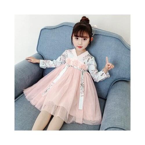 Chinese Style Girls Princess Dress Hanfu Retro Mesh Patchwork Children Dresses Clothing Flower Print Baby Girls Party Dresses