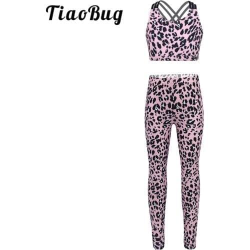 TiaoBug Kids Girls Tracksuit Pink 2Pcs Sets Leopard Print Crop Top Pants Leggings Sport Suits Child Ballet Gymnastics Dance Wear