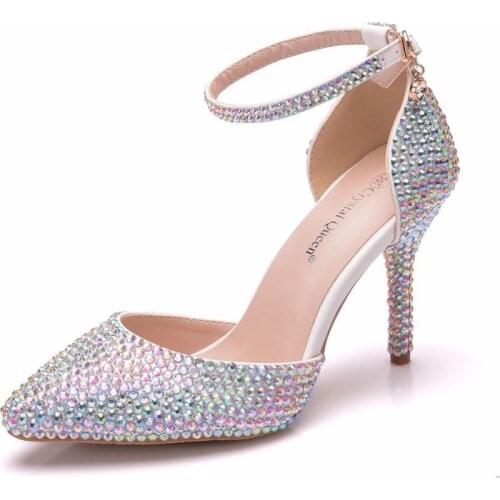 2019 Fashion Women Pumps Shoes Dress Rhinestone Buckle Strap Pointed Toe Thin Heels 9CM High Heels Womens Wedding Shoes