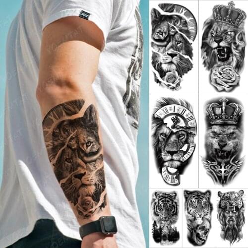Waterproof Temporary Sleeve tatooo Stickers Clock Lion Rose Compass Peony Flower tattoos Arm Body Art Fake tatoo Man Women Black